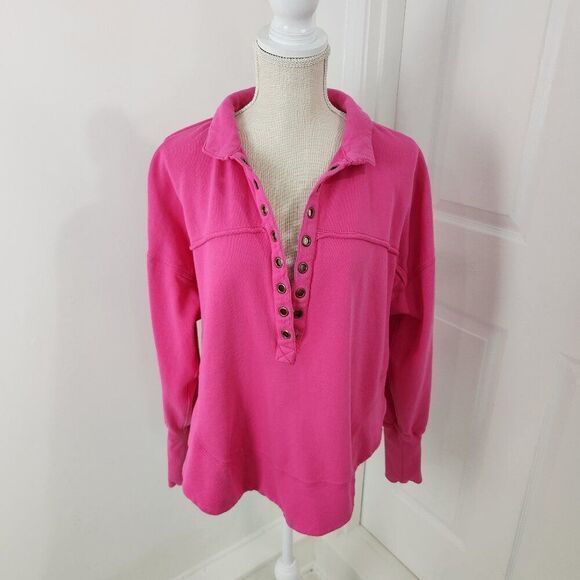 Pilcor Sweatshirt Womens M Pink Collared V Neck Grommet Eyelets Terry Pullover - Picture 1 of 13